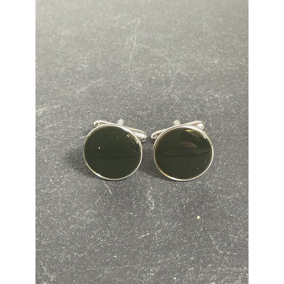 Mens Round Black & Silver Cufflinks Classic Design - Picture 1 of 4